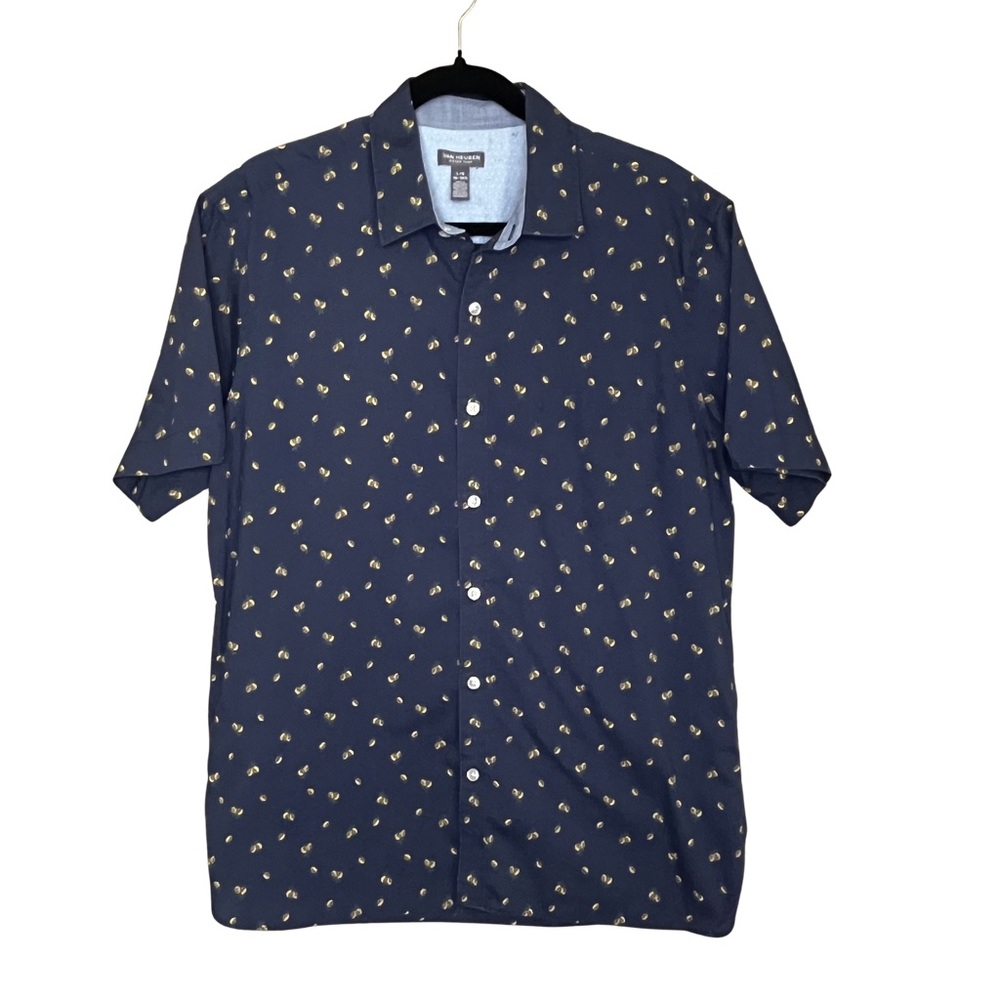 Van Heusen Large Navy Short-Sleeve Button-Down Shirt with Small Yellow Print